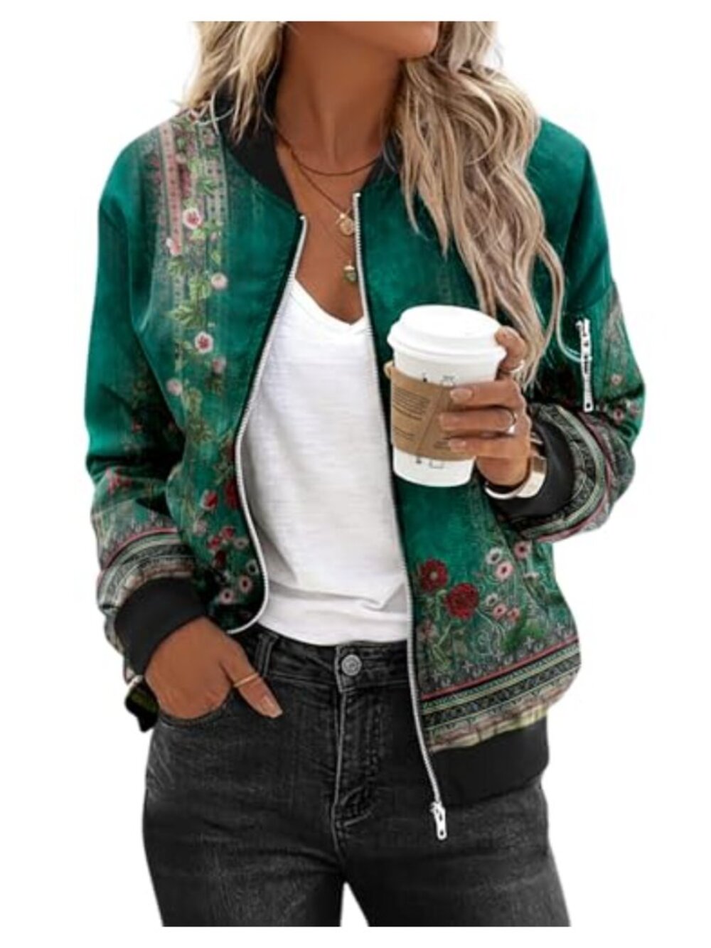 Womens Zip Up Sweatshirt Jacket Long Sleeve Floral Bomber Coat with Pockets